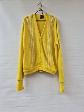 Vtg 60s Towncraft Plus Cardigan Sweater L Yellow Striped Mod Grunge Grandpa Core